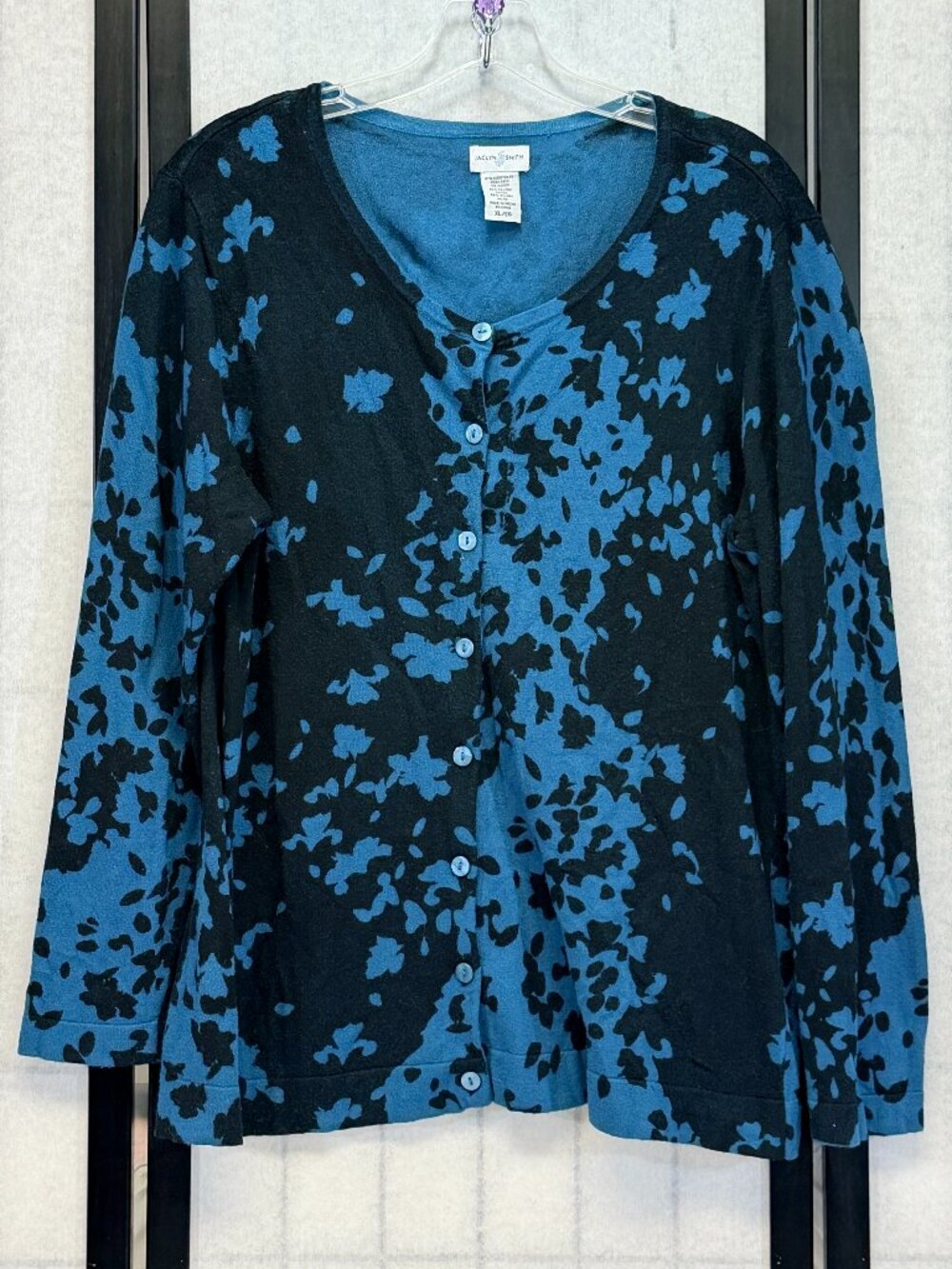 Jaclyn Smith Scoop Neck Button Up Cardigan Sweater Teal Black XL Long Sleeve